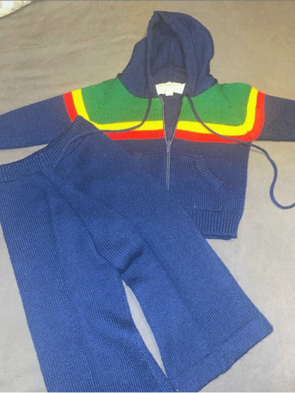 Vintage Retro toddlerNavy Knit Hoodie & Pants Set with Red, Yellow, Green Stripe